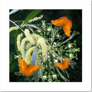 butterflies and wattle with green abstract bouquet Posters and Art